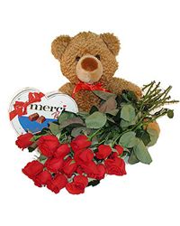 red roses with teddy and chocolates
